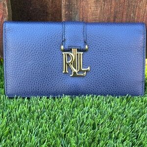 Lauren Ralph Lauren Navy Blue Pebbled Leather Wallet with Gold RLL Logo